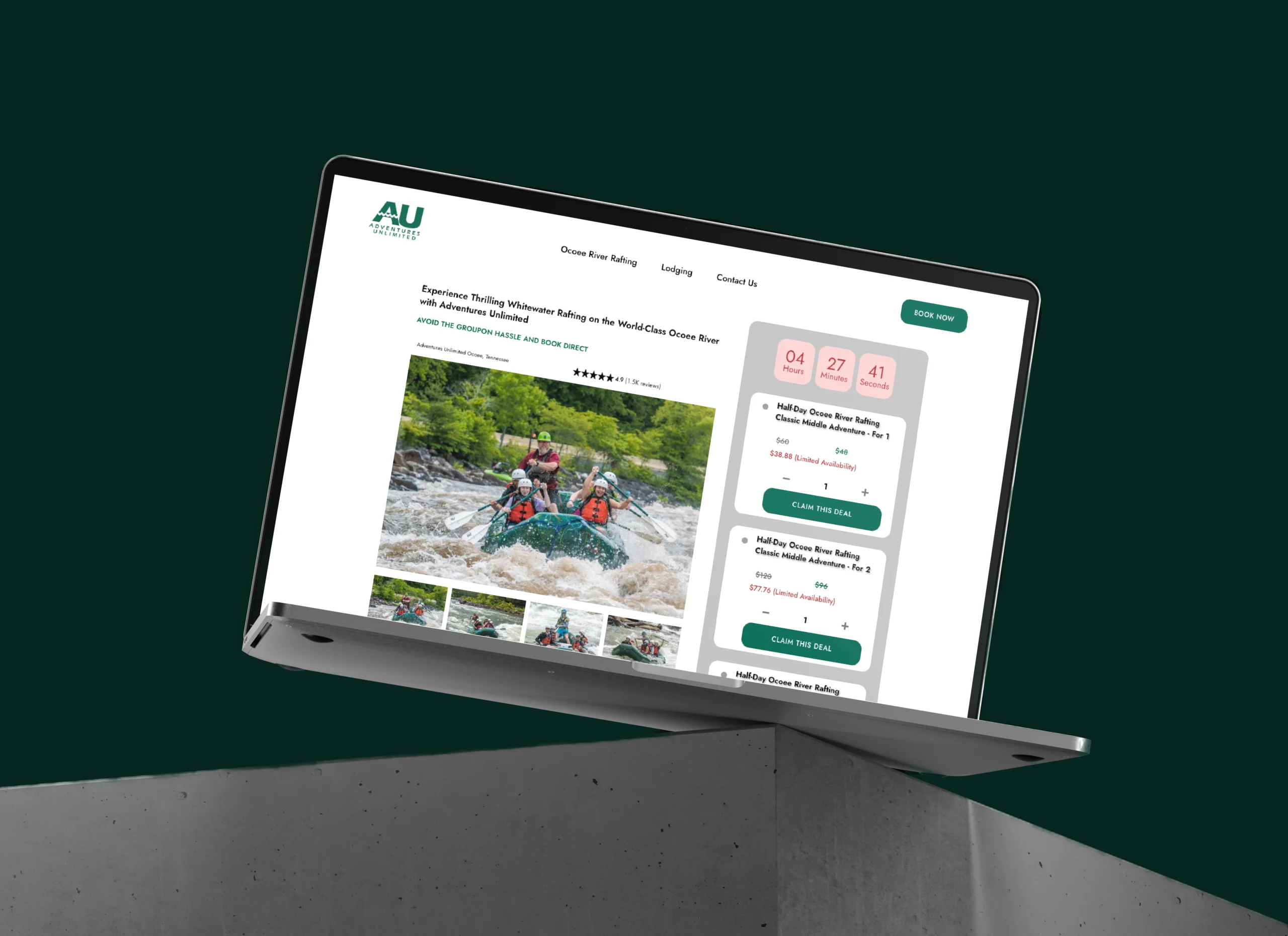 a laptop with a white water rafting booking site on the screen 